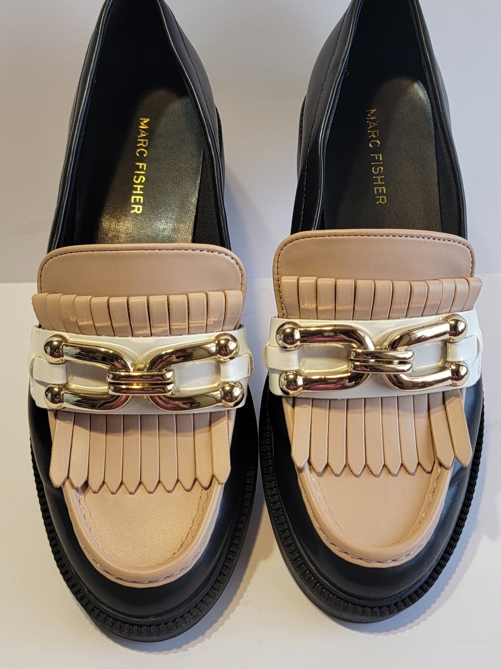 Marc Fisher Two-Tone Black, Nude and White Kiltie Loafers with Gold Chain